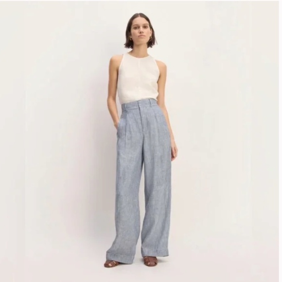 Everlane Pants - Everlane Linen Way-High Drape Pant 14 Wide Leg Pleated Blue Pinstripe Chambray